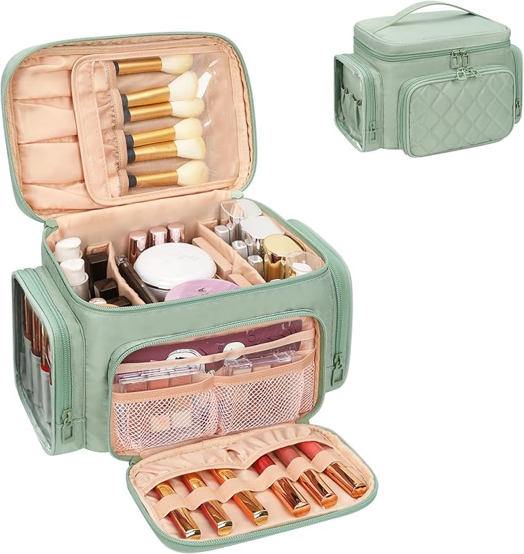 Necessaire Bagmoly retangular com divisórias, compartimento para pincéis e bolsos laterais, Nylon Green