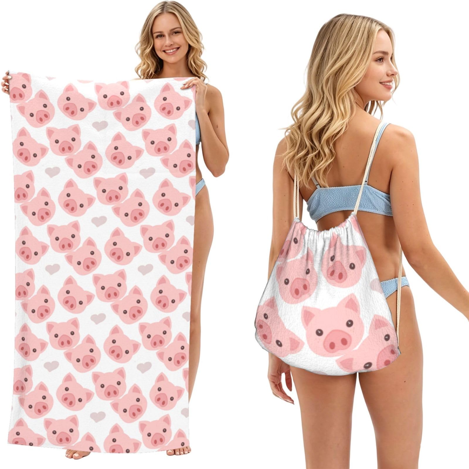 Poadnly As Picture Cute Pig, 2 In 1 Packable Towel Bag, Beach Towels With Drawstring Backpack For Travel Holiday Camping