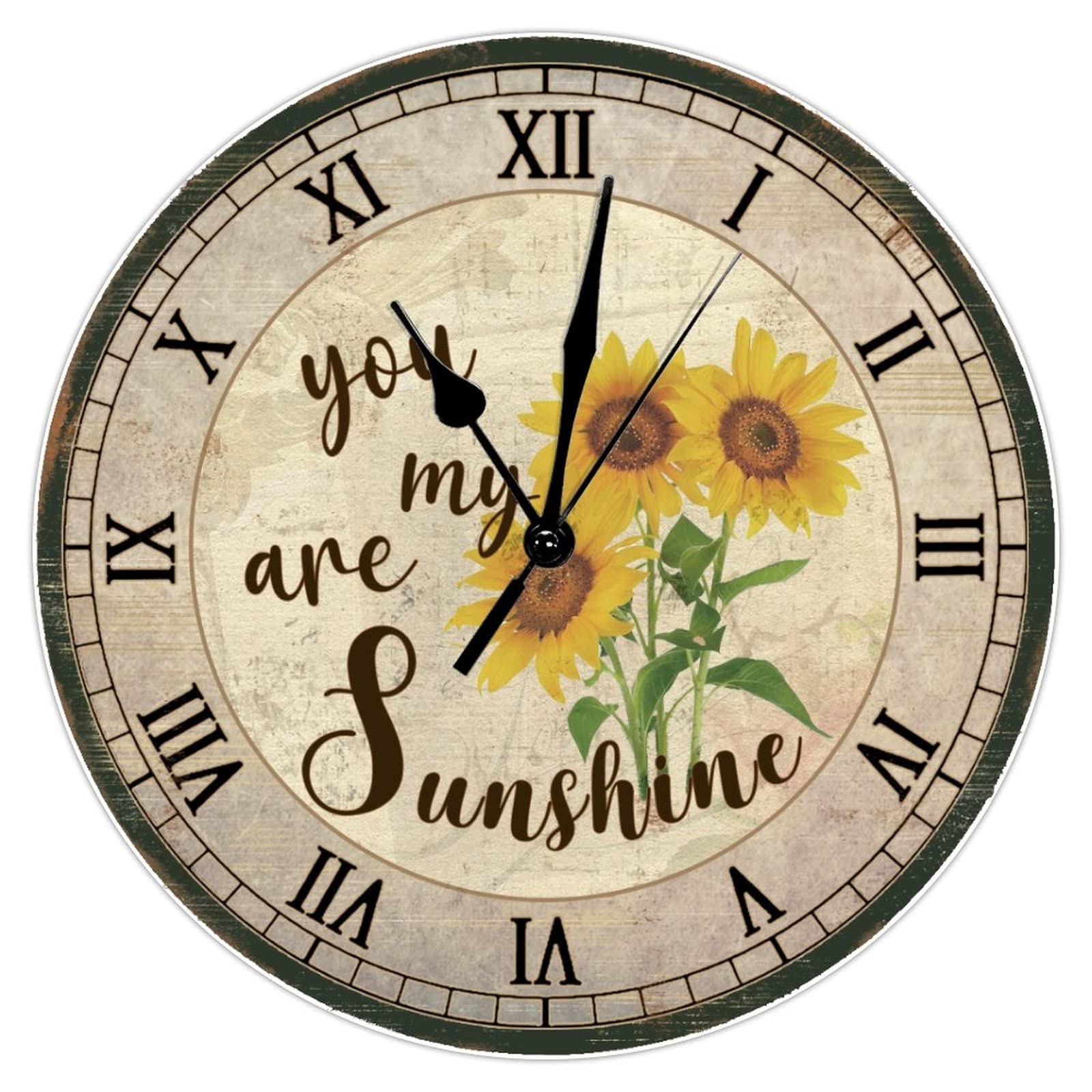 PODbyyou Sunflower Quotes Sunshine Clock Silent Non-Ticking Battery Clocks for Wall Watercolor Floral Rustic Sunflowers Wall Clock Vintage Country Style 10inch Round Clock for Laundry Room Bedroom
