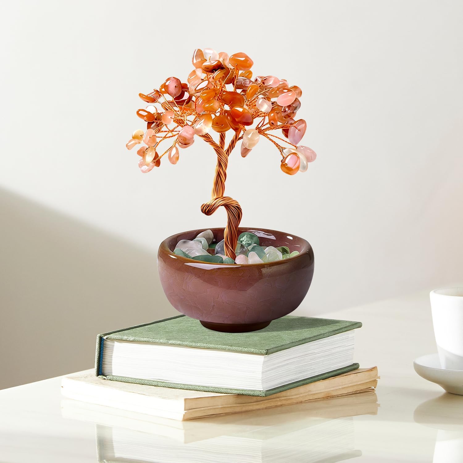 Red Agate Crystal Tree of Life - Handmade Rose Quartz Gemstone Tree Sculpture for Home Office Desk Decor, Unique Gift Idea for Women