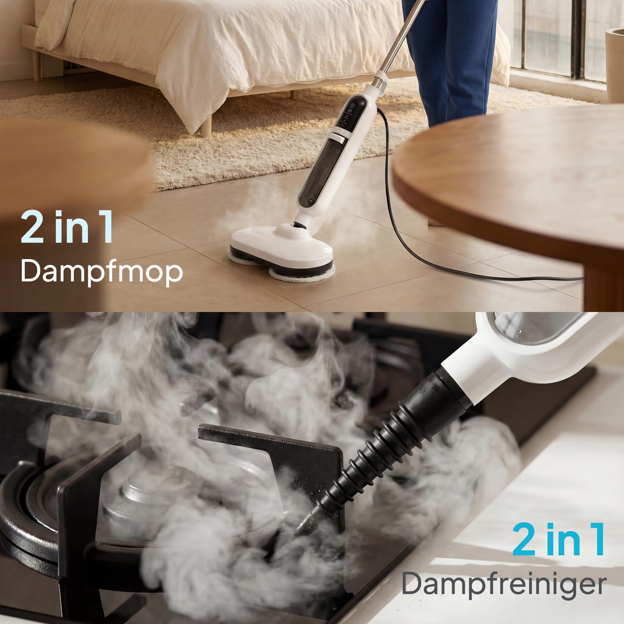 Livatro Dampfreiniger für Hartböden mit rotierendem Wischkopf | 1300 W, Dampf in ca. 30 s, 500-ml-Tank, 15 Zubehörteile, 5-m-Kabel und 4 waschbare Pads