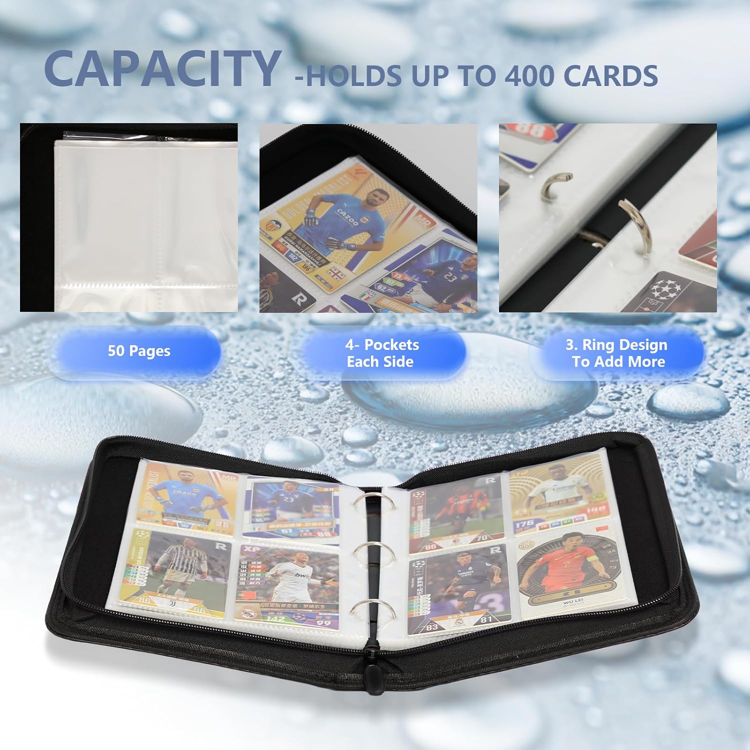4 Pocket Trading Card Binder, Premium PU Card Collection Binder,400 Double Sided Pocket Trading Card Albums，Compatible with MTG, TCG, Sports Cards,Game Cards,Baseball Cards. (Black)