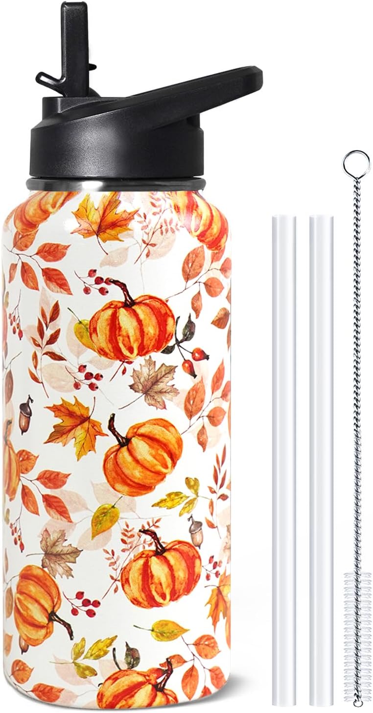 32oz Fall Pumpkin Stainless Insulated Aater Water Bottle with Straw,Autumn Gym Hiking Sports Coffee Mug Cup Water Bottles,Fall Decor Stuff Accessories