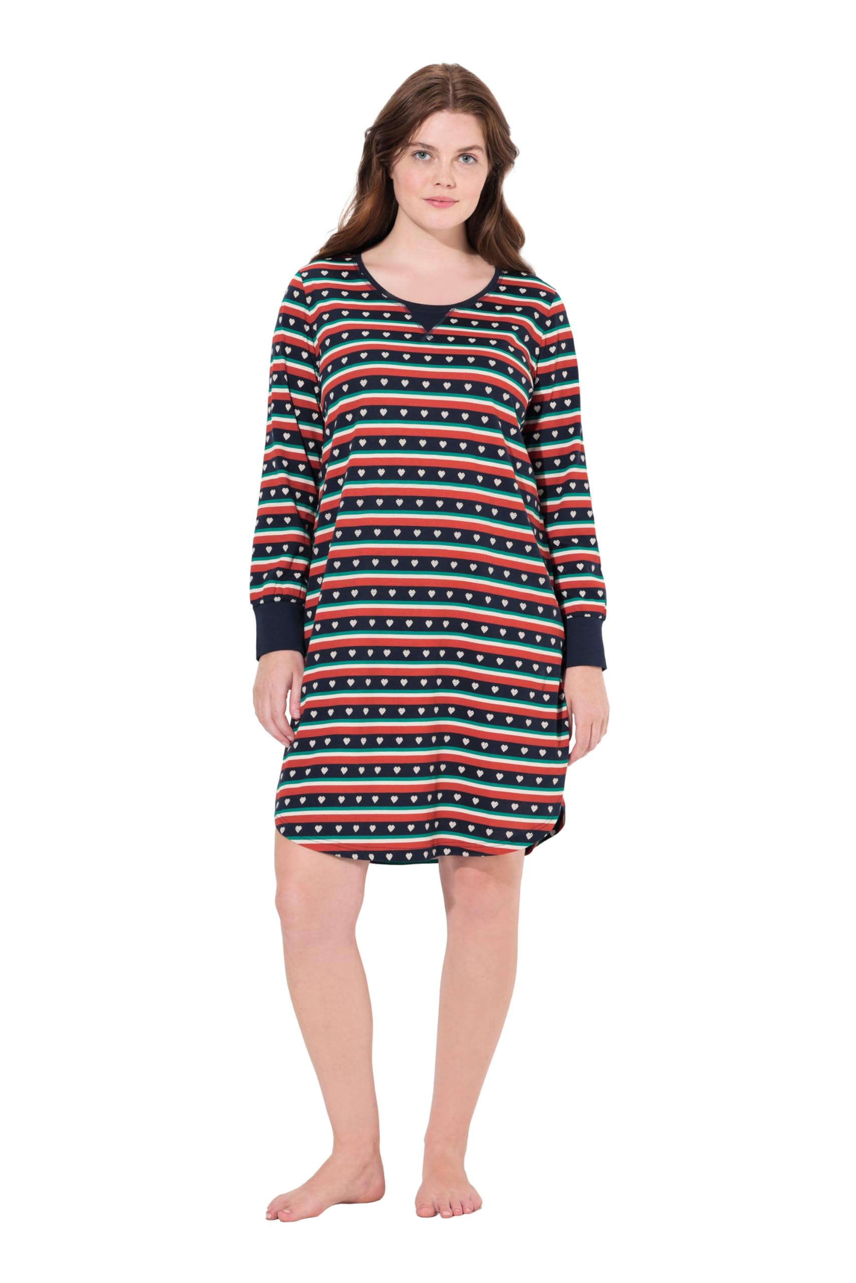 Ulla Popken Damen große Größen Übergrößen Plus Size Nachthemd, Herzstreifen, Rundhals, Langarm, Biobaumwolle 834591
