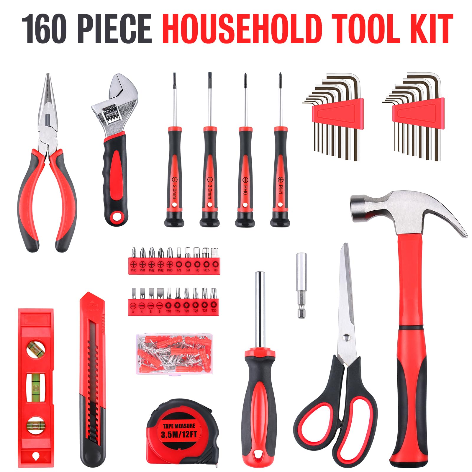 WINNER Kit de herramientas multiusos para el hogar de 160 piezas en delicada caja de herramientas, adecuado tanto para hombres como para mujeres, ideal para reparaciones comunes del hogar, proyectos