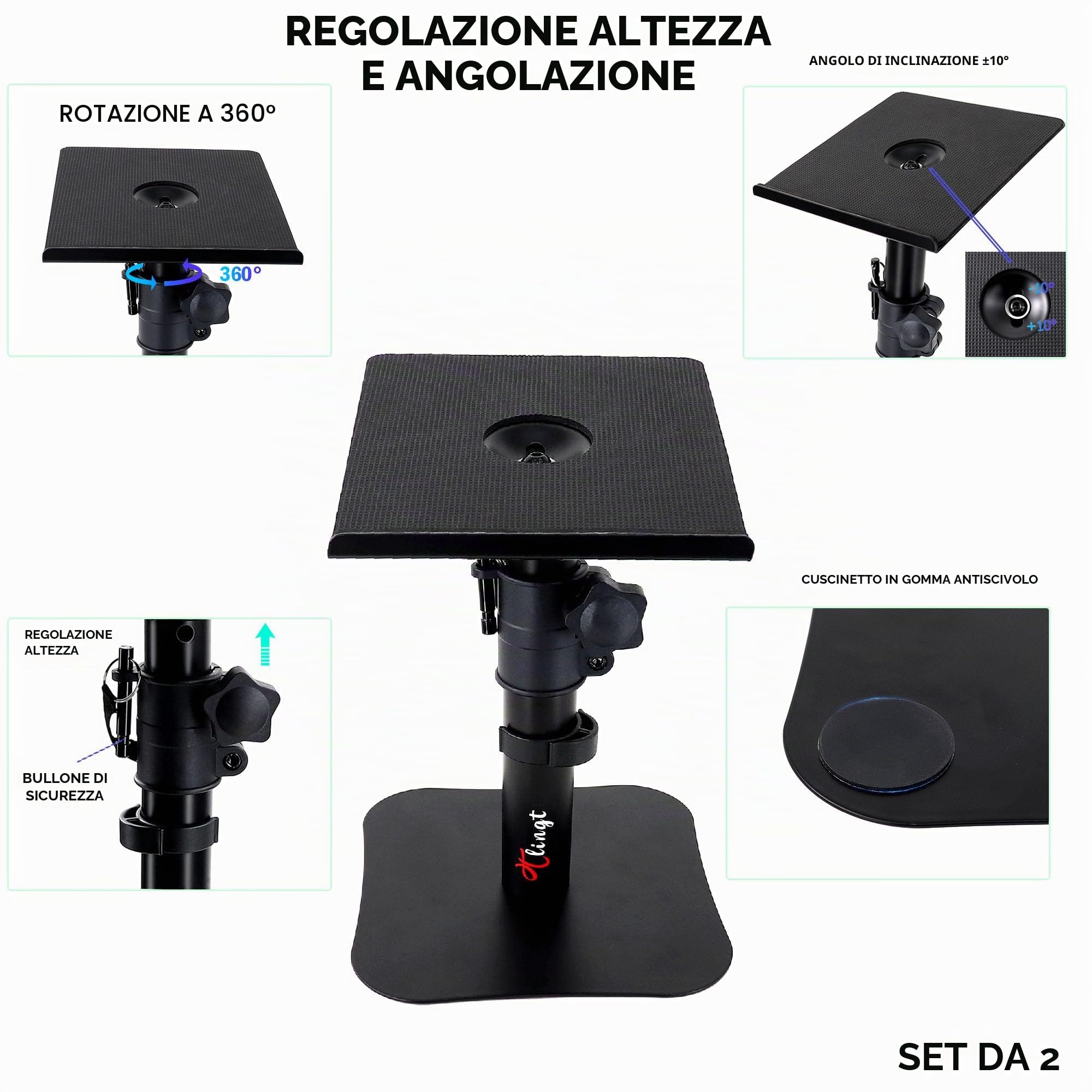 Coppia di Supporti per Altoparlanti da Scrivania, Supporto per Monitor da Altoparlante, Vassoio in Metallo da 17 x 20 cm, Angolo di Inclinazione da -10° a +10°, Base Piatta Compatibile con Qualsiasi