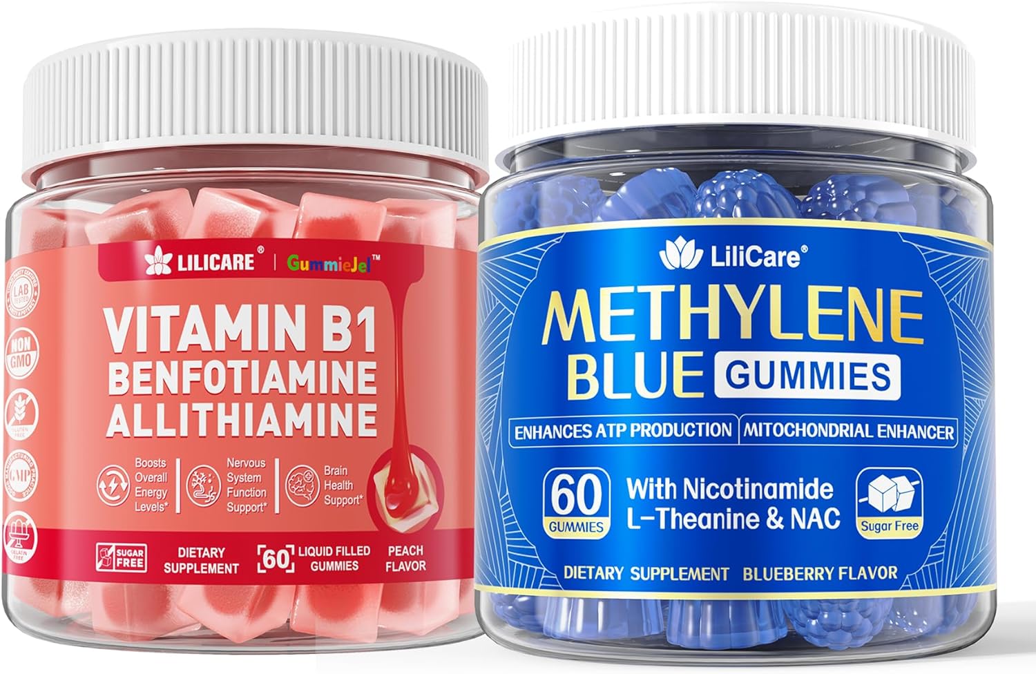 LILICARE Vitamin B1 & Methylated Vitamin B Complex Gummies + Antioxidant & Brain Boost Methylene Blue Gummies for Humans