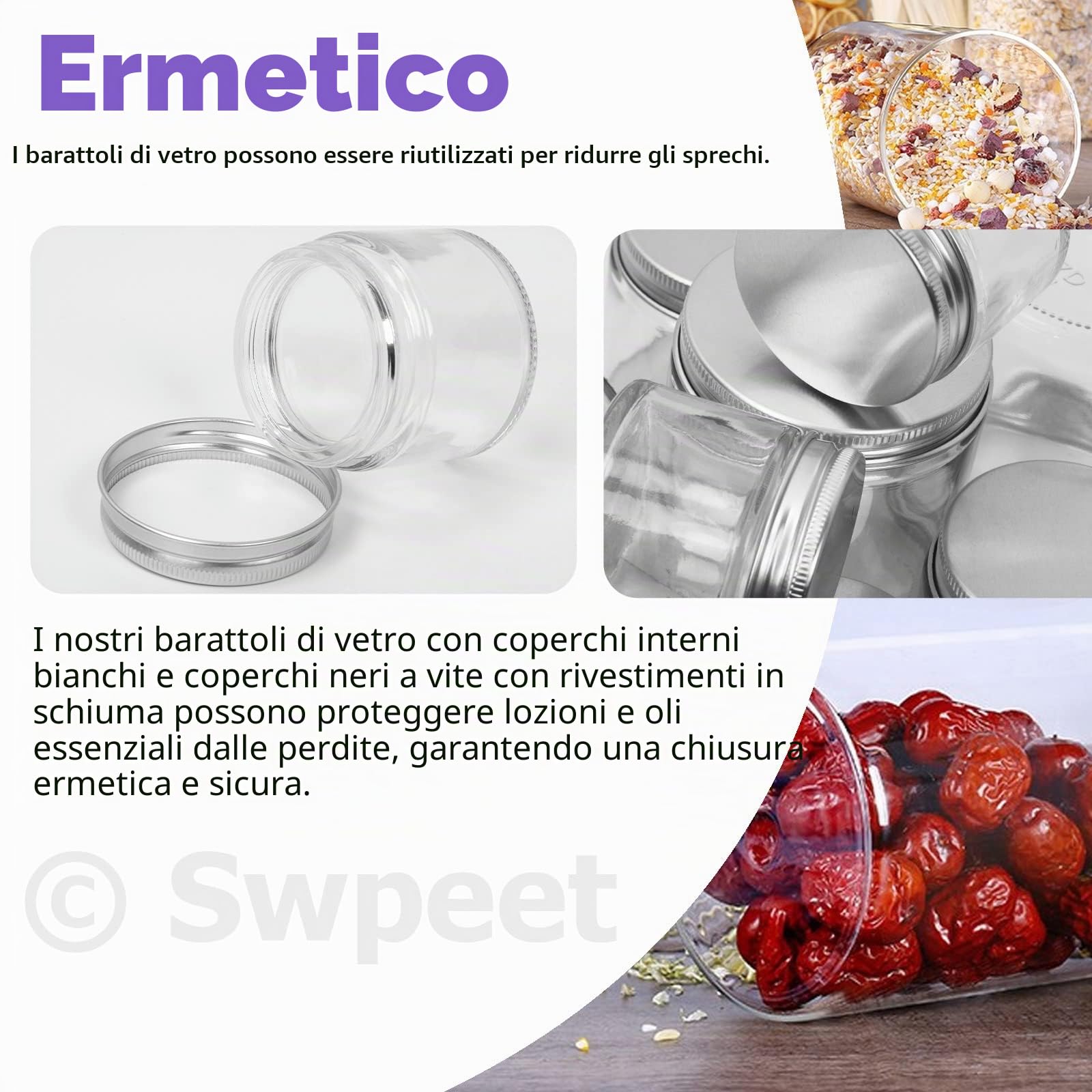 Swpeet Confezione da 15 barattoli in vetro trasparente da 60 ml con coperchio argentato, contenitori rotondi in vetro per cosmetici, barattoli da viaggio per cosmetici, creme e lozioni