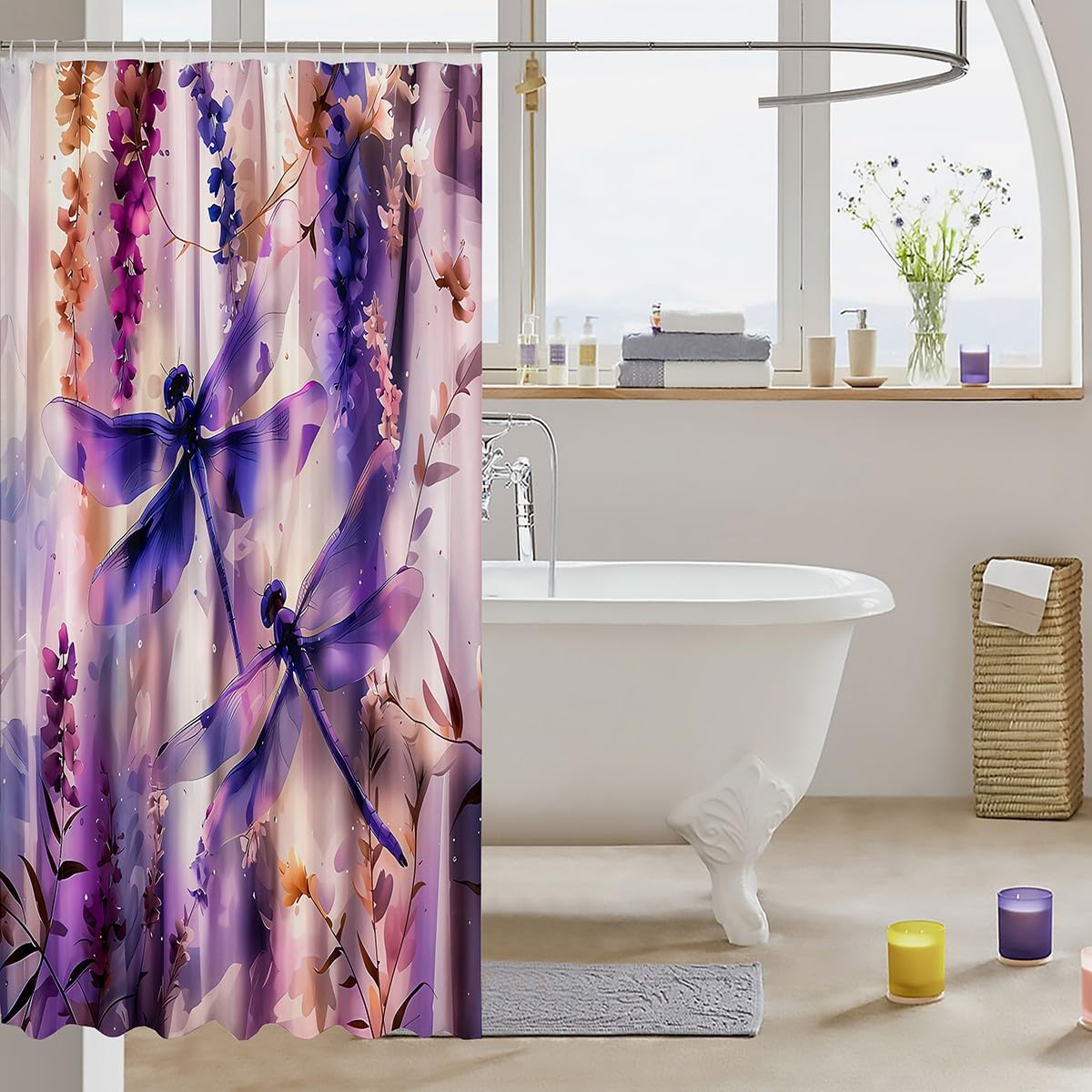 Feelyou Pretty Purple Dragonfly Fabric Shower Curtain Purple Flower Shower Curtain for Kids Wild Animal Bathroom Waterproof Accessories with 12 Hooks Summer Animal Curtains,72x78 Inches