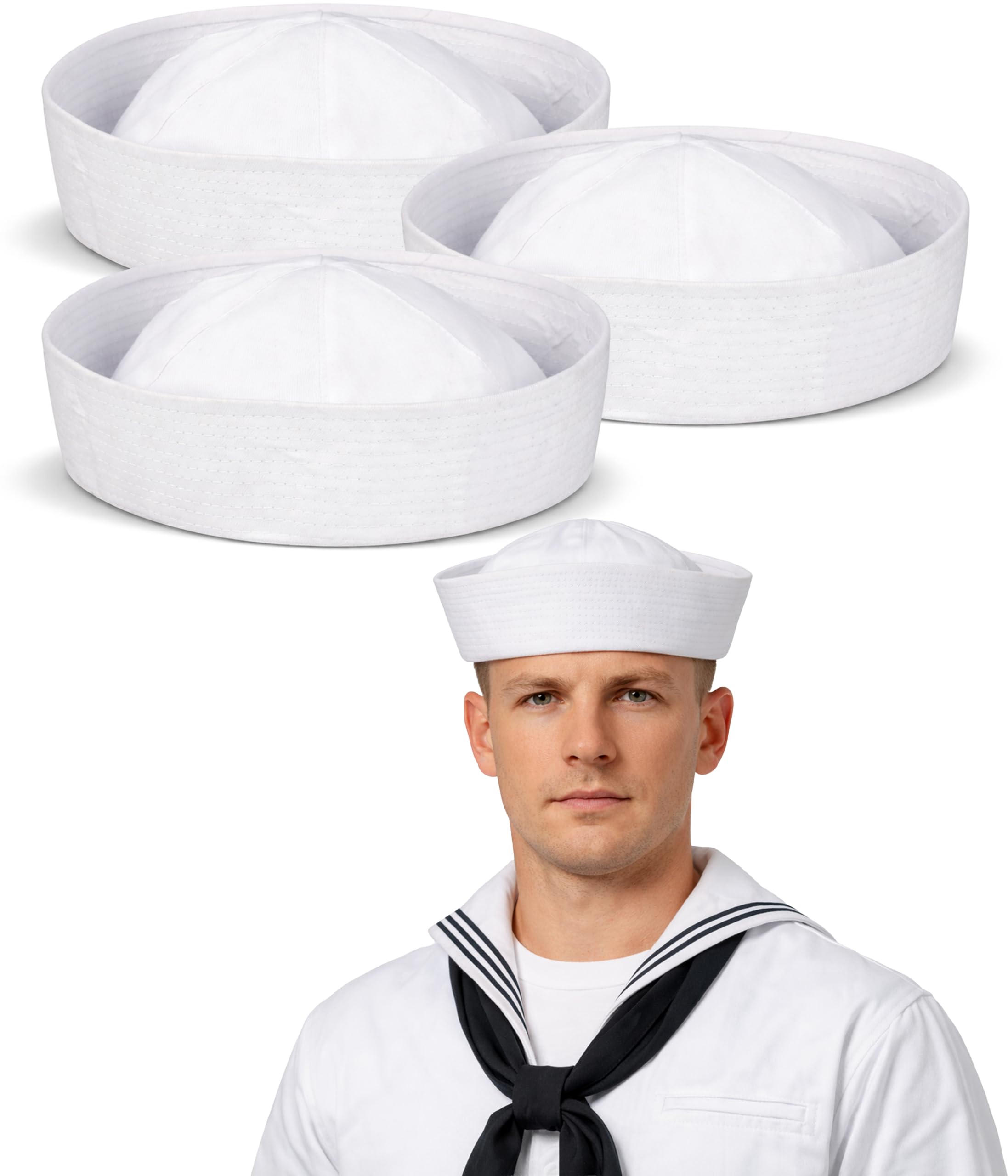 Mega_Jumble Adult White Doughboy Sailor Hat Navy Marine Sea Party Classic Navy Style Costume Cap for Fancy Dress Costume Themed Parties Stage & Cosplay (Pack of 3)