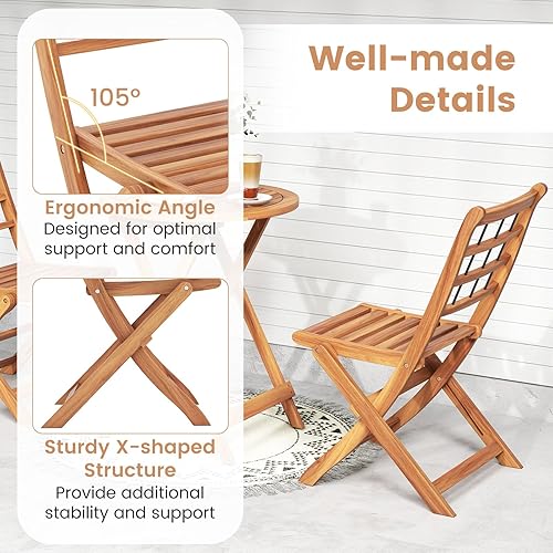 Miniatura 8 de HAPPYGRILL Juego de 3 piezas de madera de acacia para patio, juego de mesa y sillas plegables para exteriores con cojines, juego de muebles de patio