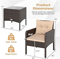 Vista 9 de Tangkula Juego de 3 piezas de muebles de patio de mimbre PE, juego de conversación de bistró al aire libre con cojines y mesa de centro de vidrio