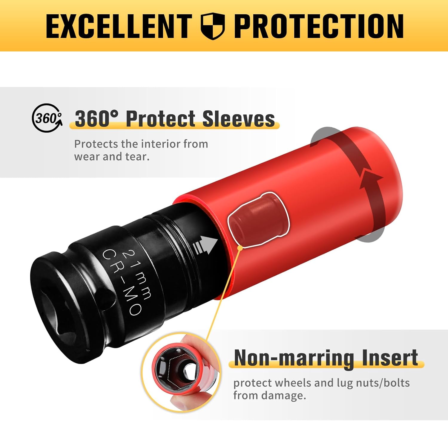 BOEN 1/2" Drive Wheel Protector Impact Socket, Non-Marring Lug Nut Thin Wall Deep Socket Set, CR-MO, 6 Point, Color-Coded Protective Socket | Metric 17 19 21 mm | SAE 13/16 7/8 inch (5 PCS) - Image 5