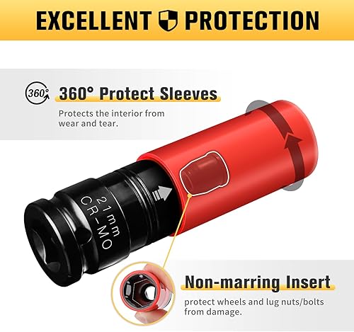 Miniatura 5 de BOEN Juego de llaves protectoras de rueda de 12 pulgada, juego de tuercas sin marcas de impacto, pared delgada, profundo, CR-MO, 6 puntos, juego de