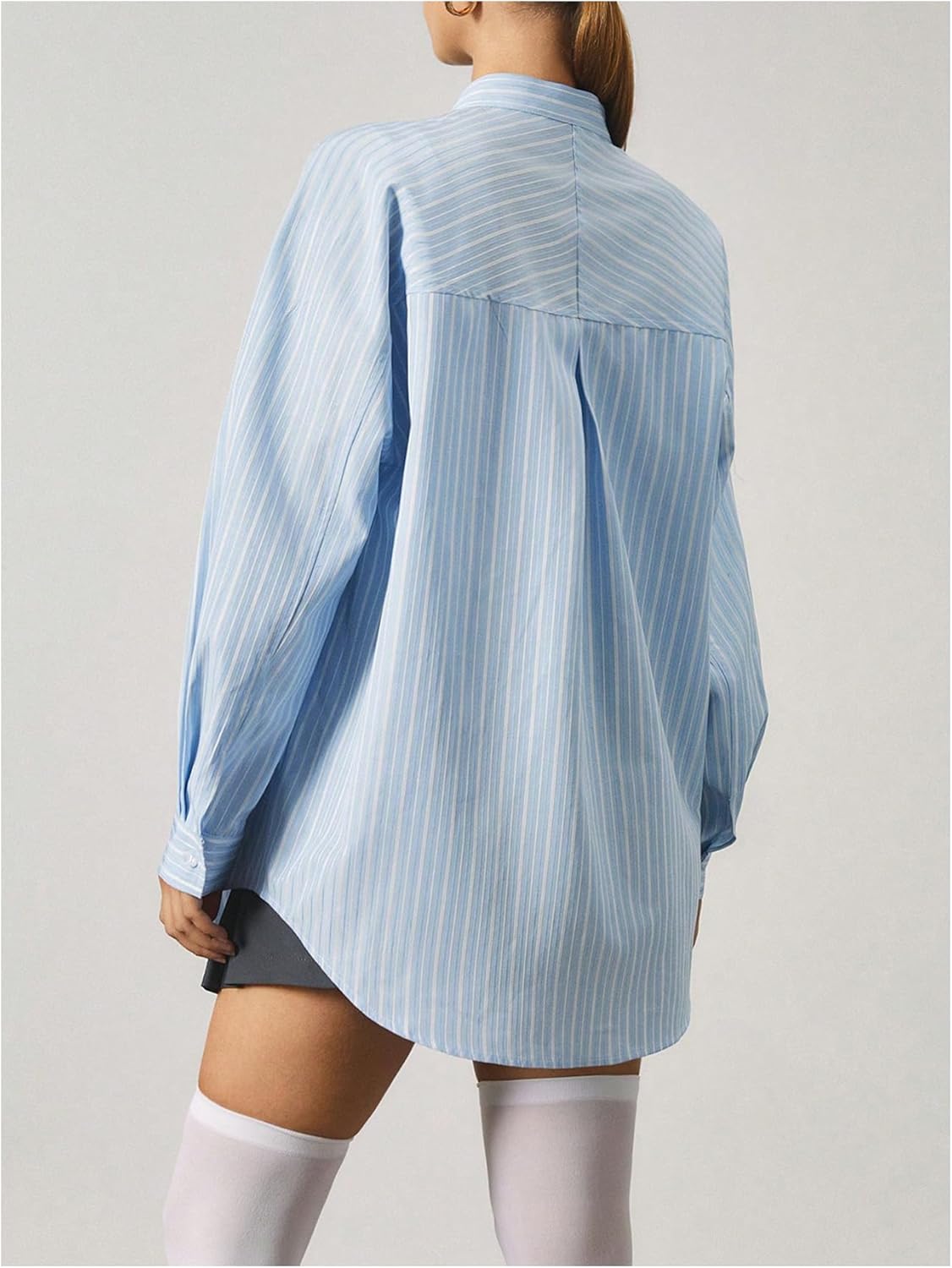 MakeMeChic Women's Striped V Neck Blouse Metal Button Long Sleeve Work Shirt Tops - Image 2