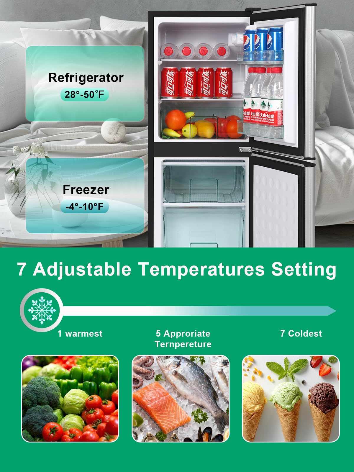Krib Bling Refrigerator With Freezer 4.0 Cu.Ft With 7 Level Adjustable Thermostat Control 2 Door Energy Saving Bottom Freezer Compact Refrigerator Silver on Fridge.com - View 2
