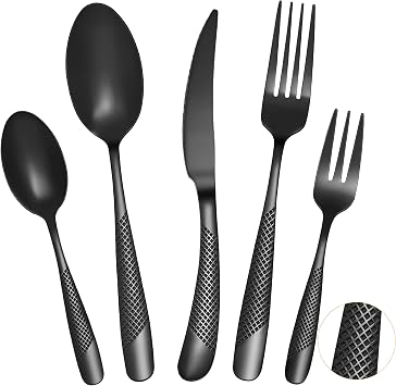 Cutlery Set, 20 Piece Stainless Steel Black Flatware Set for 4, Elegant Tableware Silverware Include Knives Forks Spoons, Hammered Silverware Set, Mirror Finish, Dishwasher Safe