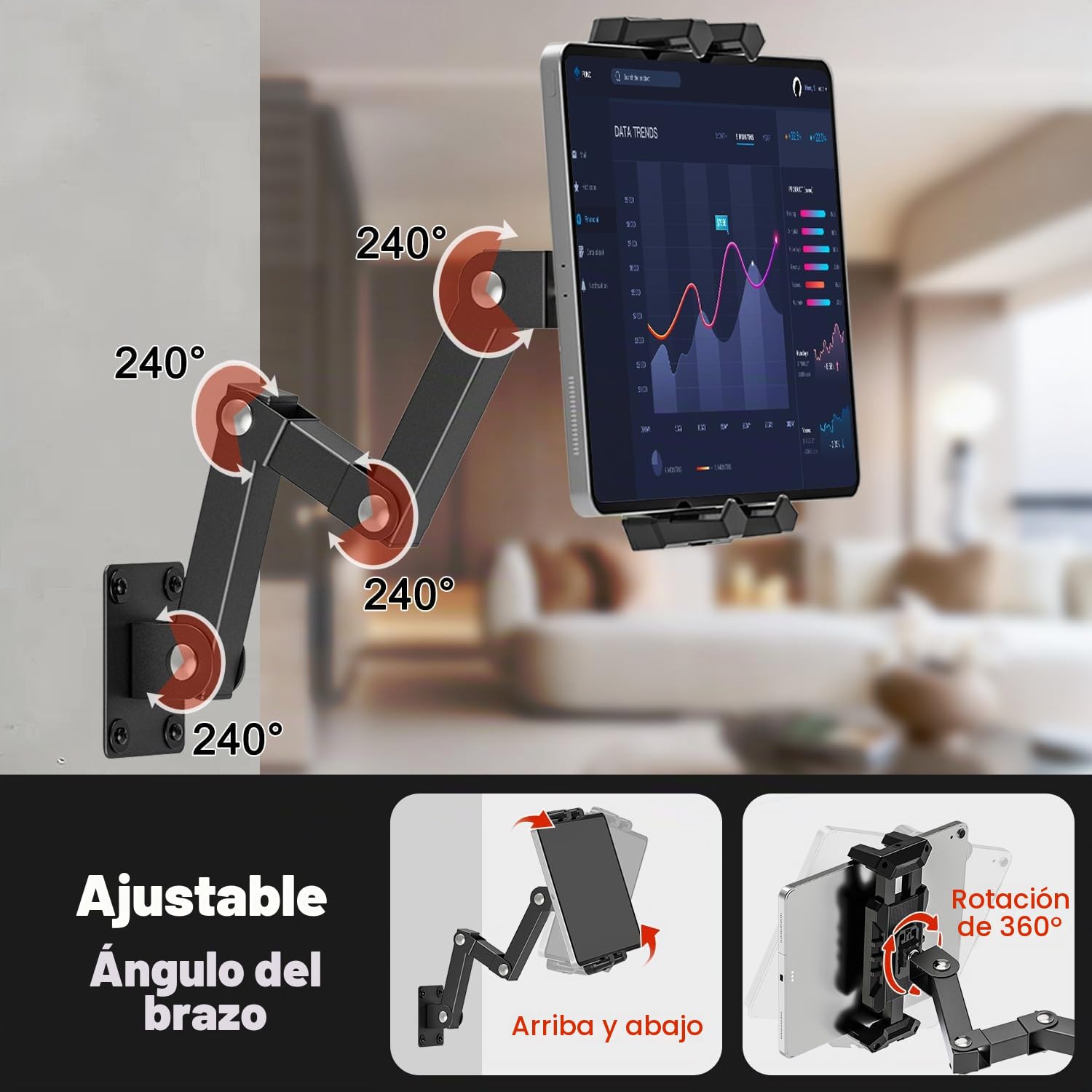 Soporte Tablet Pared, Soporte iPad Pared con Brazo Metálico Regulable 16-39.5cm, Soportes iPad para 4,7 a 13.5 Pulgadas.