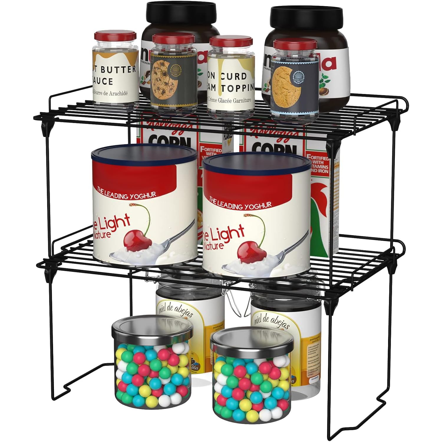 HapiRmSpice Rack Cupboard Organiser - Set of 2 Foldable Shelf Organiser, Stainless Steel Kitchen Shelf Organiser Stackable, Pantry Storage Solutions, Plate Shelf Organisers for Kitchen