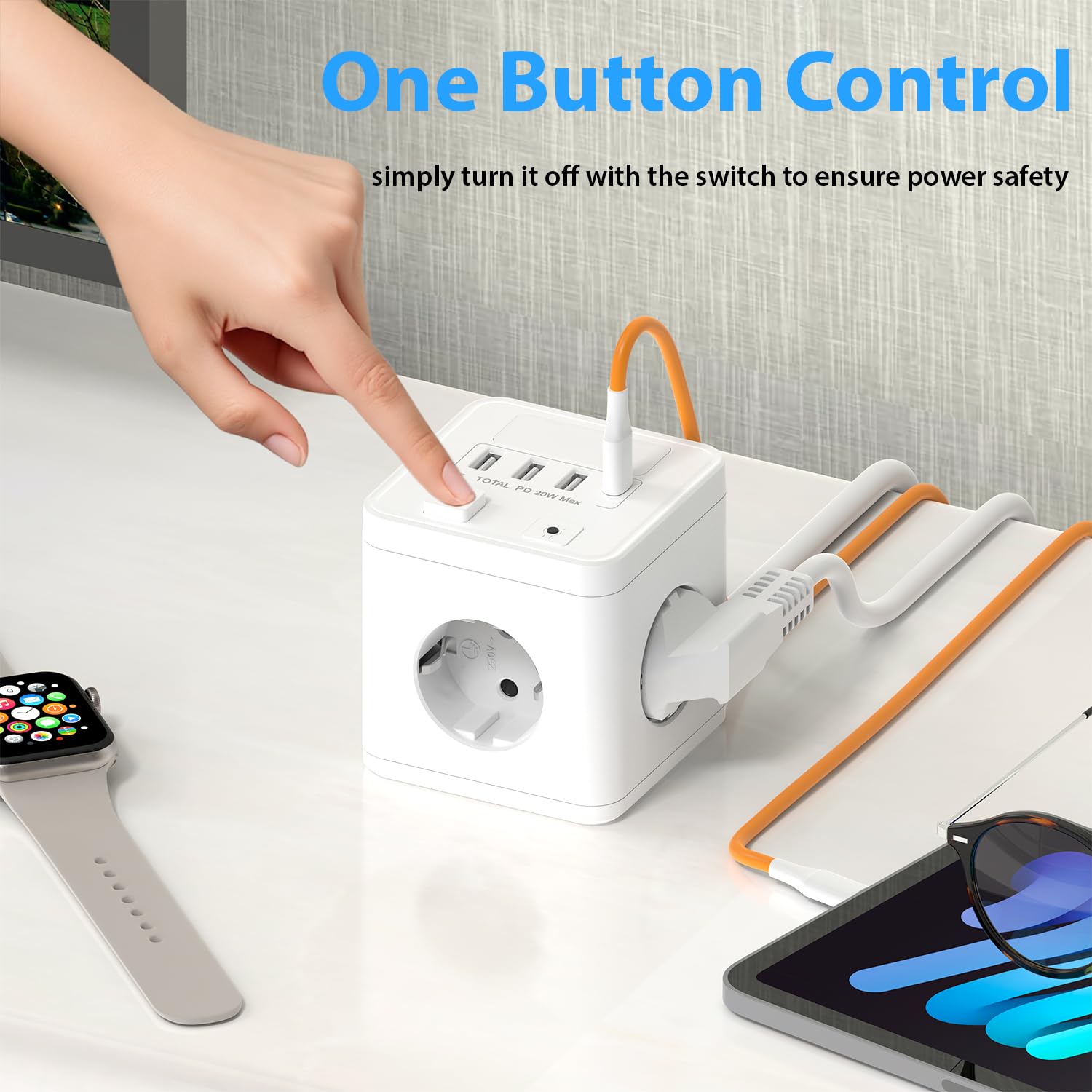 Ladron Enchufes USB C 20W con 4 Tomas, Cubo Regleta Enchufes 1.5 Cable con 1 USB C y 3 USB A, Enchufe Múltiple con Interruptor y luz Nocturna para Viajes, Cocina, Oficina — view 6