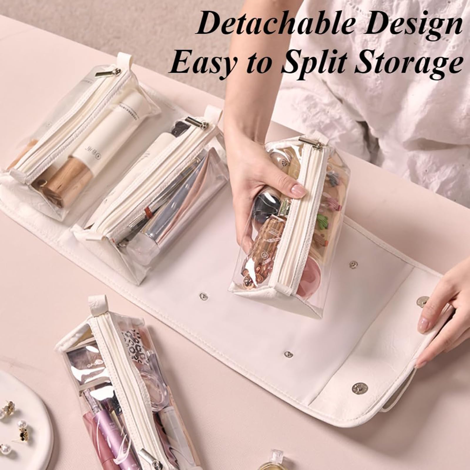 Trousse da viaggio impermeabile, 4 in 1, staccabile, grande capacità, trousse da toilette con 4 scomparti trasparenti staccabili, bianco, Impermeabile, da appendere