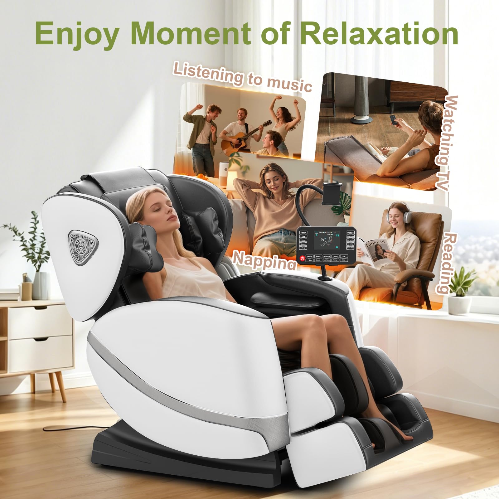 F FURNIMAT Massagesessel, Ganzkörper-Massagestuhl mit 14 Rollen, 8 Komfort-Luftkissen & Zero Gravity– Bluetooth Lautsprecher, Touchscreen, Handyhülter, Wärme für Lenden und Beine