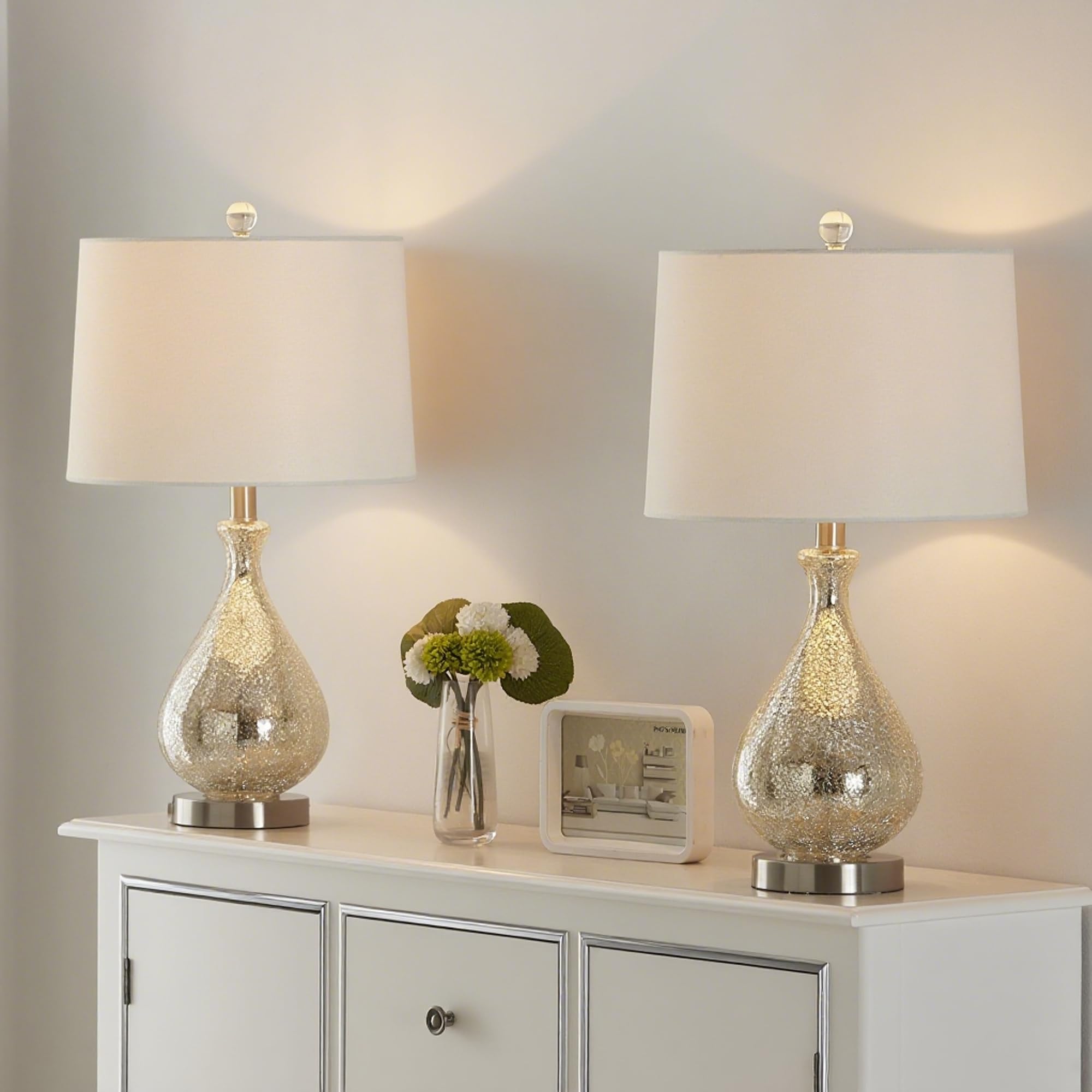 Juego de 2 lámparas de mesa de cristal para sala de estar, lámparas de noche de níquel de 22.75 pulgadas con pantalla de vidrio de mercurio blanco para dormitorio, oficina, dormitorio 9