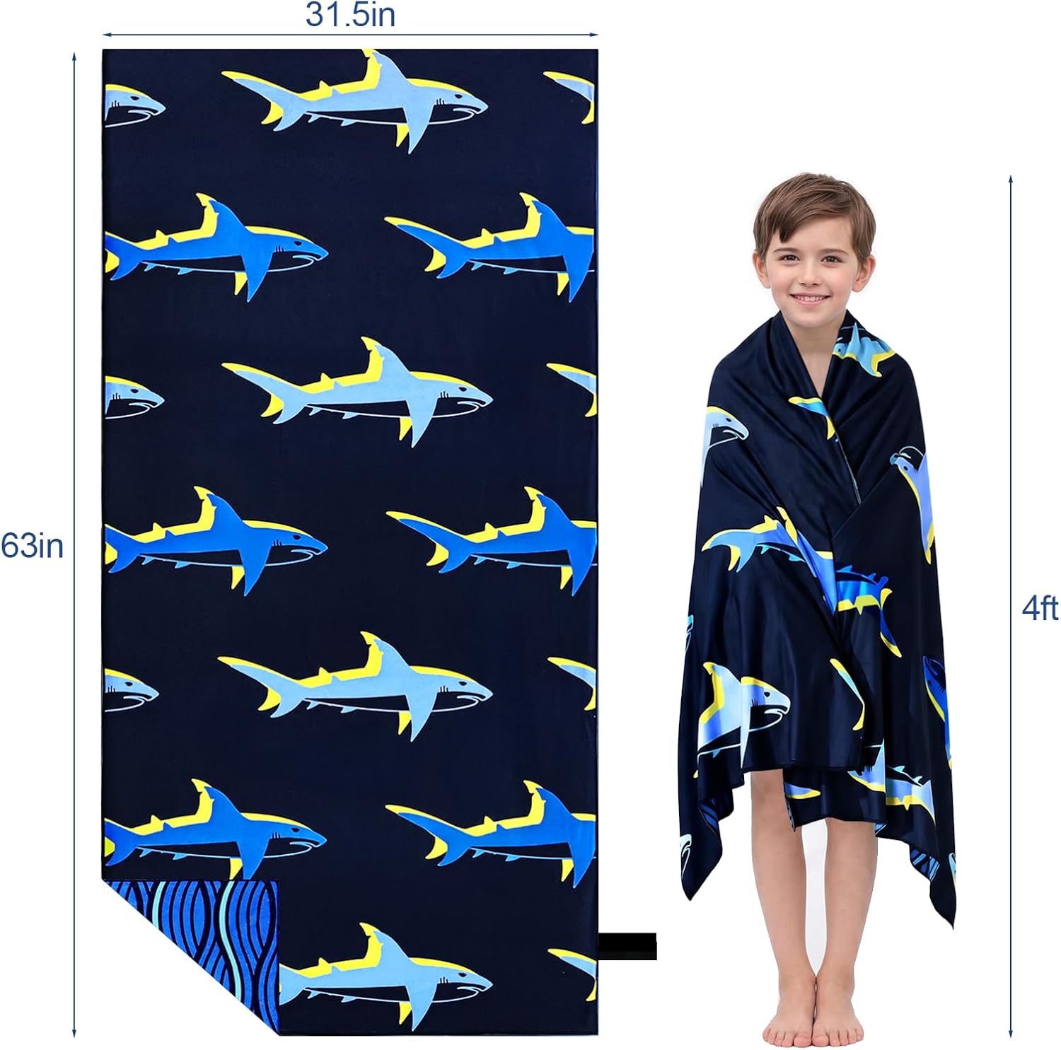 Large Kids Beach Towel: Bright Yellow Blue Shark Beach Towel for Travel, 63"x31" Quick Dry Soft Absorbent Sand Free Terry Cloth Bath Towel, Compact for kid Trip Vacation Beach Bath Camping Pool Swim