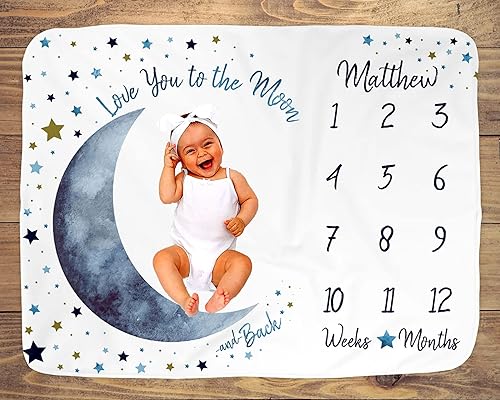NAZENTI Manta de hito para bebé, manta de mes de bebé con estrellas de luna para niño, manta mensual personalizada, color azul marino neutro, tapete