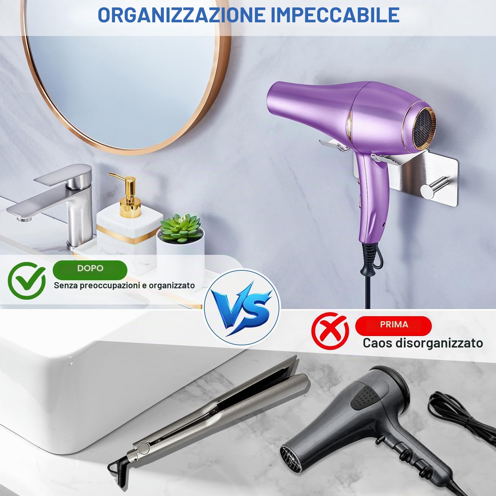 Porta Asciugacapelli da Parete, Porta Phon da Muro Supporto Phon da Parete Metallo,Supporto Adesivo per Asciugacapelli da Appendere per Armadietto Bagno Camera da Letto Barbieri (Argento)