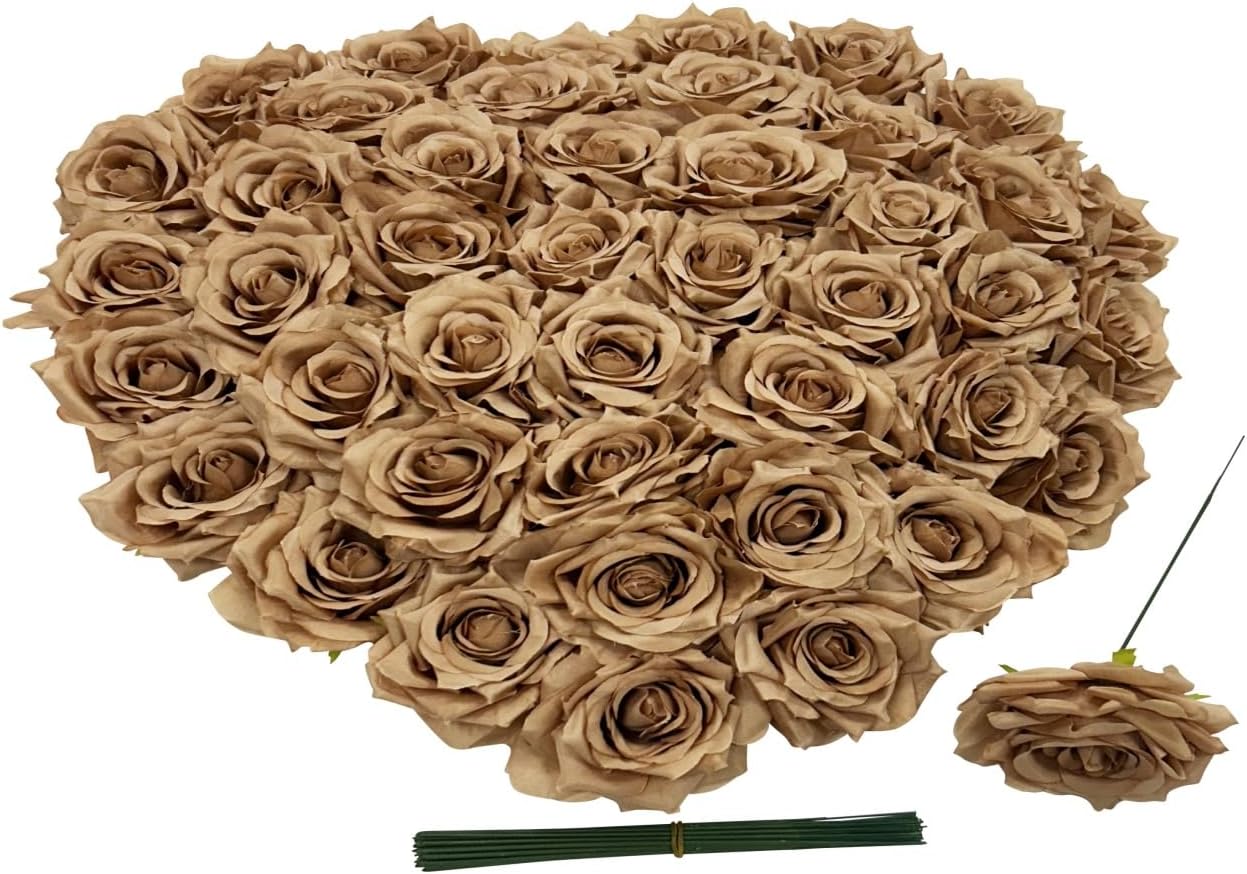 GrainBuds Fake Flower Heads for Craft,3.8" Coffee Rose Heads Artificial Flowers,36 Pcs Silk Rose for Wedding Decoration Party Home Decor,DIY Crafts(Coffee, 3.8)