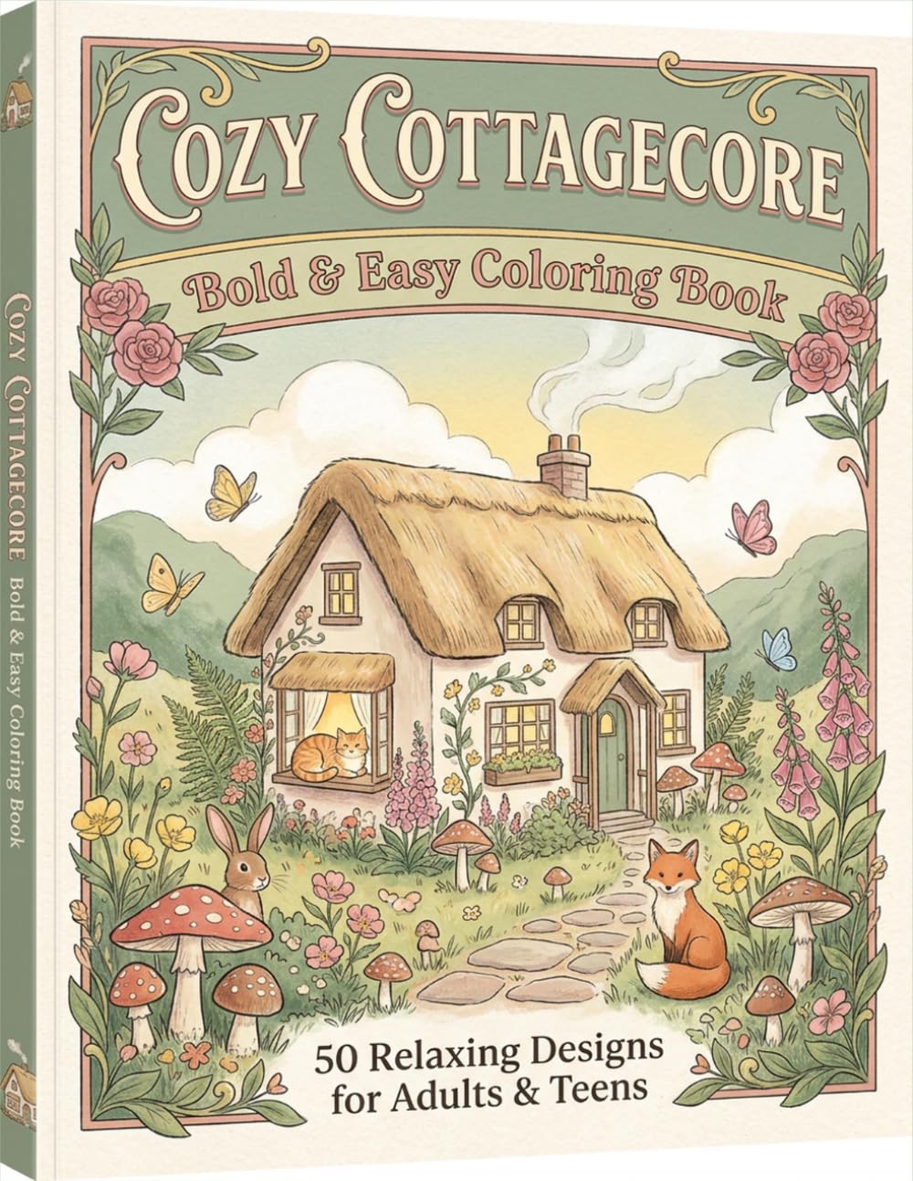 Cozy Cottagecore: Bold and Easy Coloring Book for Adults and Teens | 50 Relaxing Cottagecore Designs