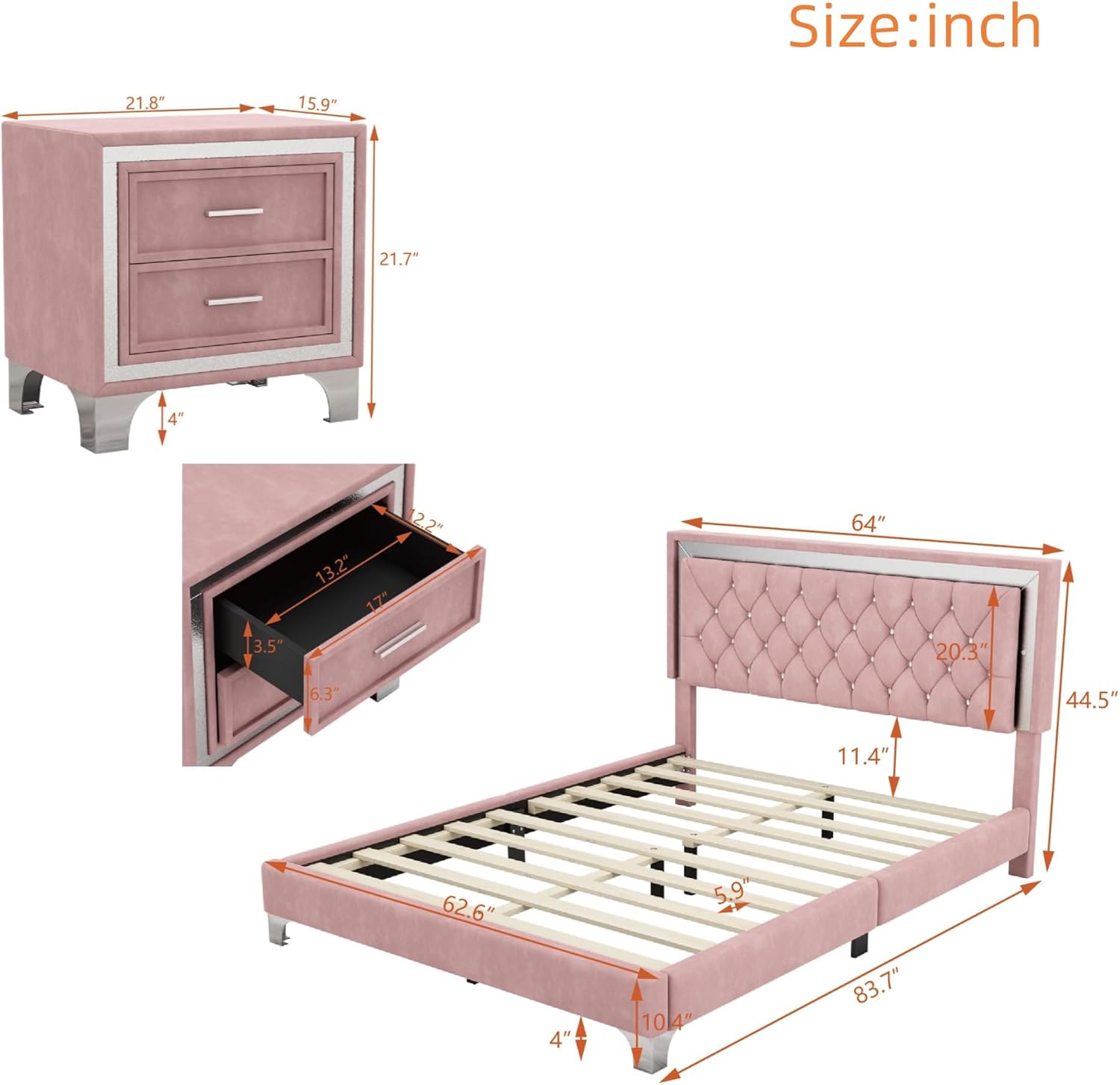Dimensions diagram for bed and nightstand