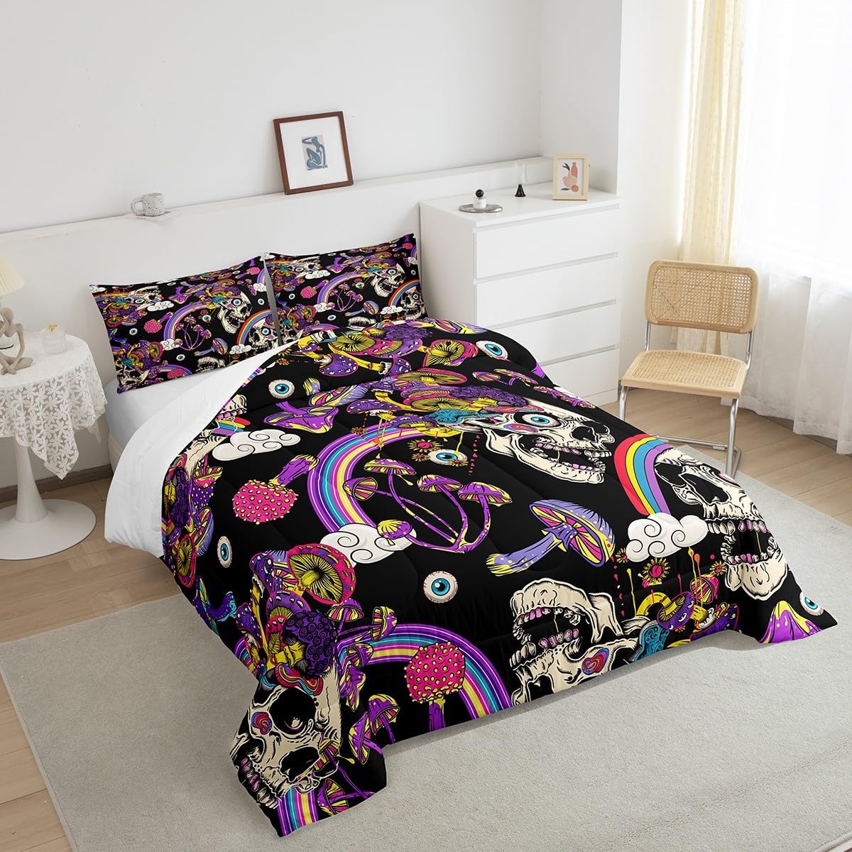 Castle Fairy Watercolor Rainbow Mushroom Bed Comforter Set Queen Size,70s Groovy Hippie Super Soft Microfiber Bedding Set for Adults Men,Skull Skeleton Decorative Comforter Set,3 Pcs