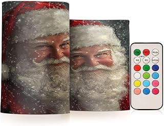 panksolu Flickering Flameless Candles, Funny Christmas Santa Portrait LED Candles with Remote Timer, Battery Operated Candle for Wedding Halloween Christmas Decor - Set of 2