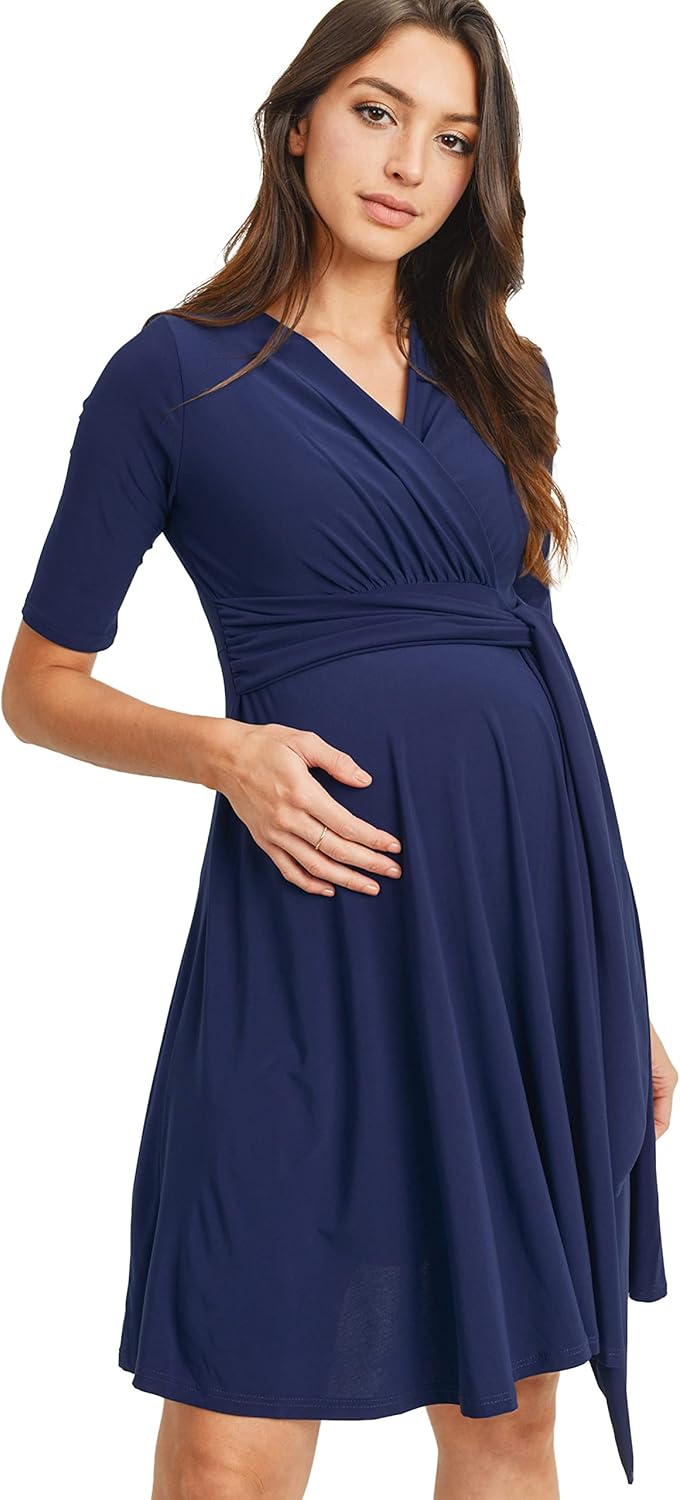 HELLO MIZ Women's Maternity Dress V-Neck Short Sleeve for Baby Shower (Navy Solid, XL)