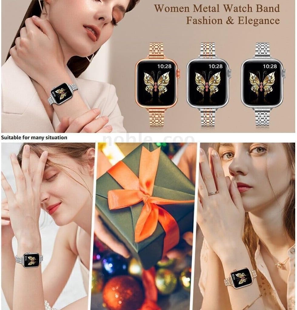 Generic Compatible with iWatch 42mm/44mm/45mm/49mm (Color: Silver/Gold Women Slim Band Metal Strap case
