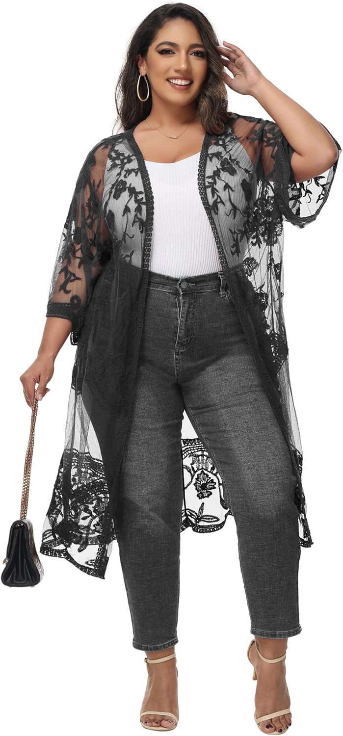 Anna-Kaci Women's Plus Size Lace Cardigan Embroidered Long Kimono Dusters with Half Sleeves