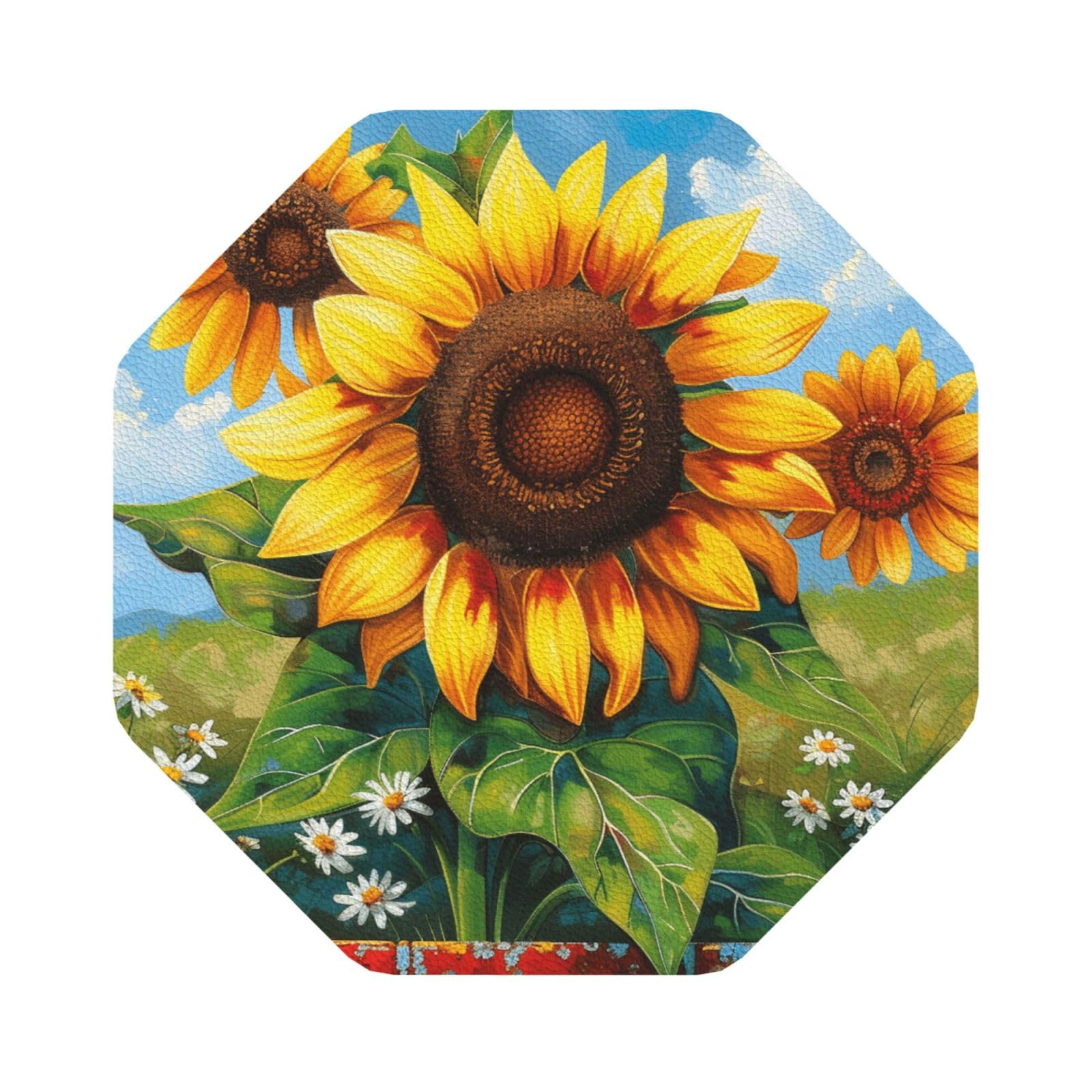 Summer Sunflower Print Leather Coaster Set of 6, Octagon Coasters Table Decorative Coffee Cup Beverage Coasters Wine Beer Bar Coasters for Hot Drinks Table Protection