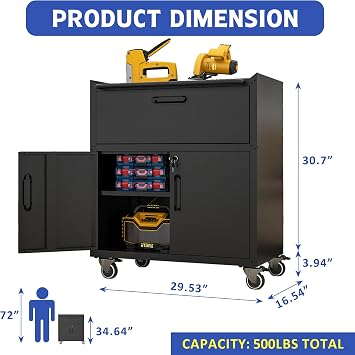 IKIMI Metal Tool Storage Cabinet on Wheels, 1 Drawer, 2 Lockable Doors & Adjustable Shelf, Rolling Garage Cabinet, Assembly Required