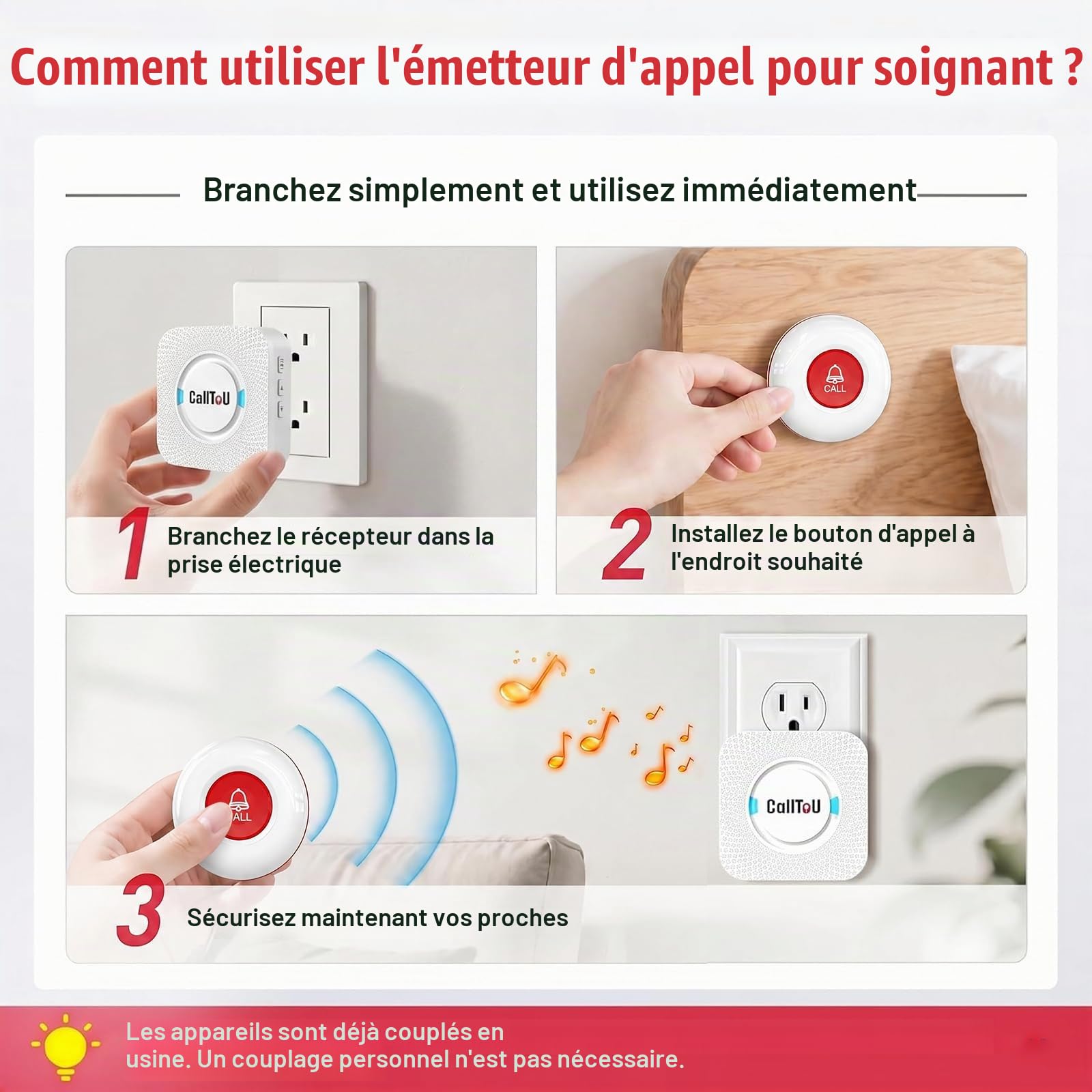 CallToU Bouton d'appel d'urgence Bouton d'appel sans Fil système d'alarme infirmière 500 + Pieds pour la Maison/Personnes âgées/Patients/handicapés (2 émetteurs 2 récepteurs)
