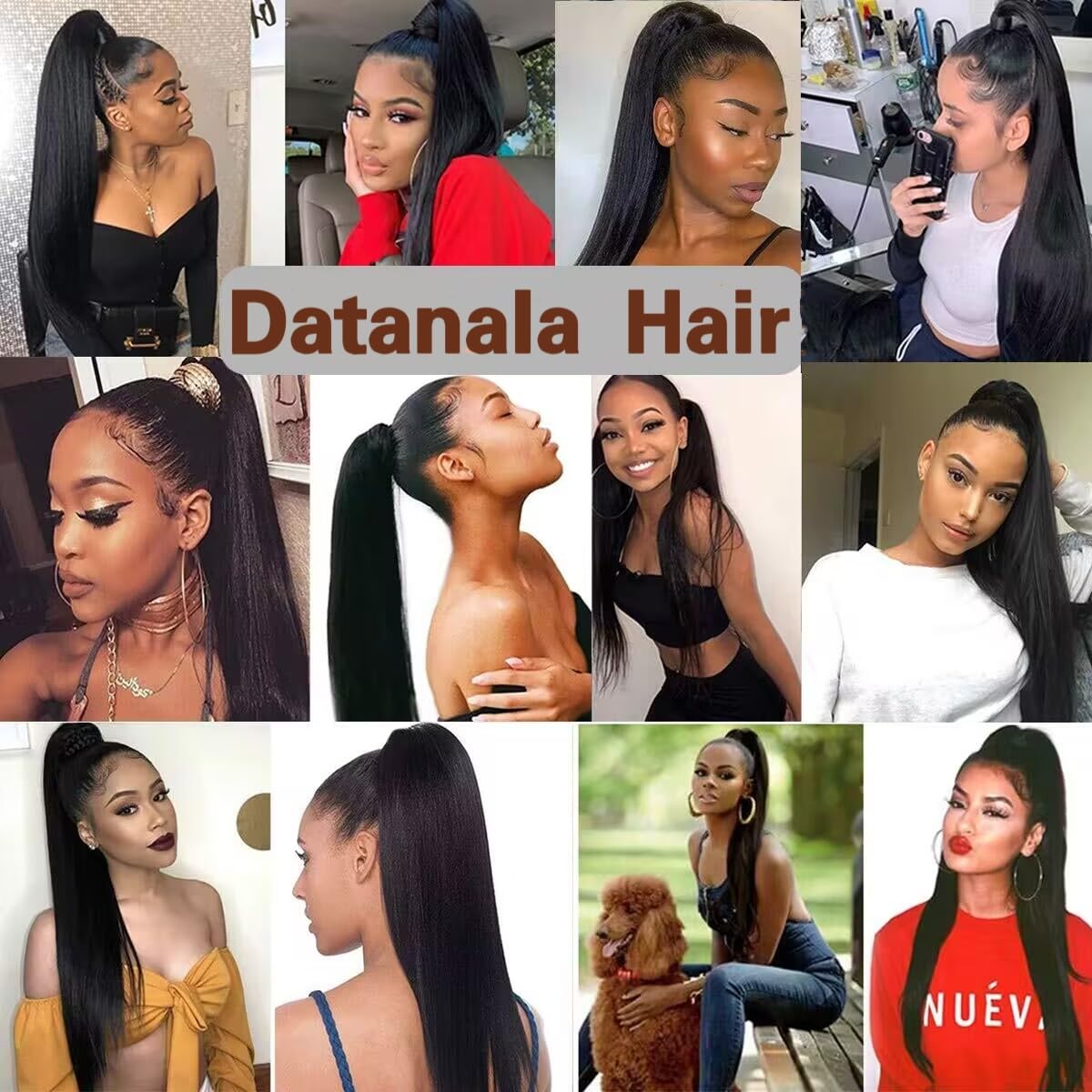 Datanala Brazilian Virgin 100% Remy 16Inch Straight Human Hair Ponytail Extension with Magic Paste Warp Around Straight Ponytail Magic Tie Human Hair Ponytails Extension Natural Color for Women