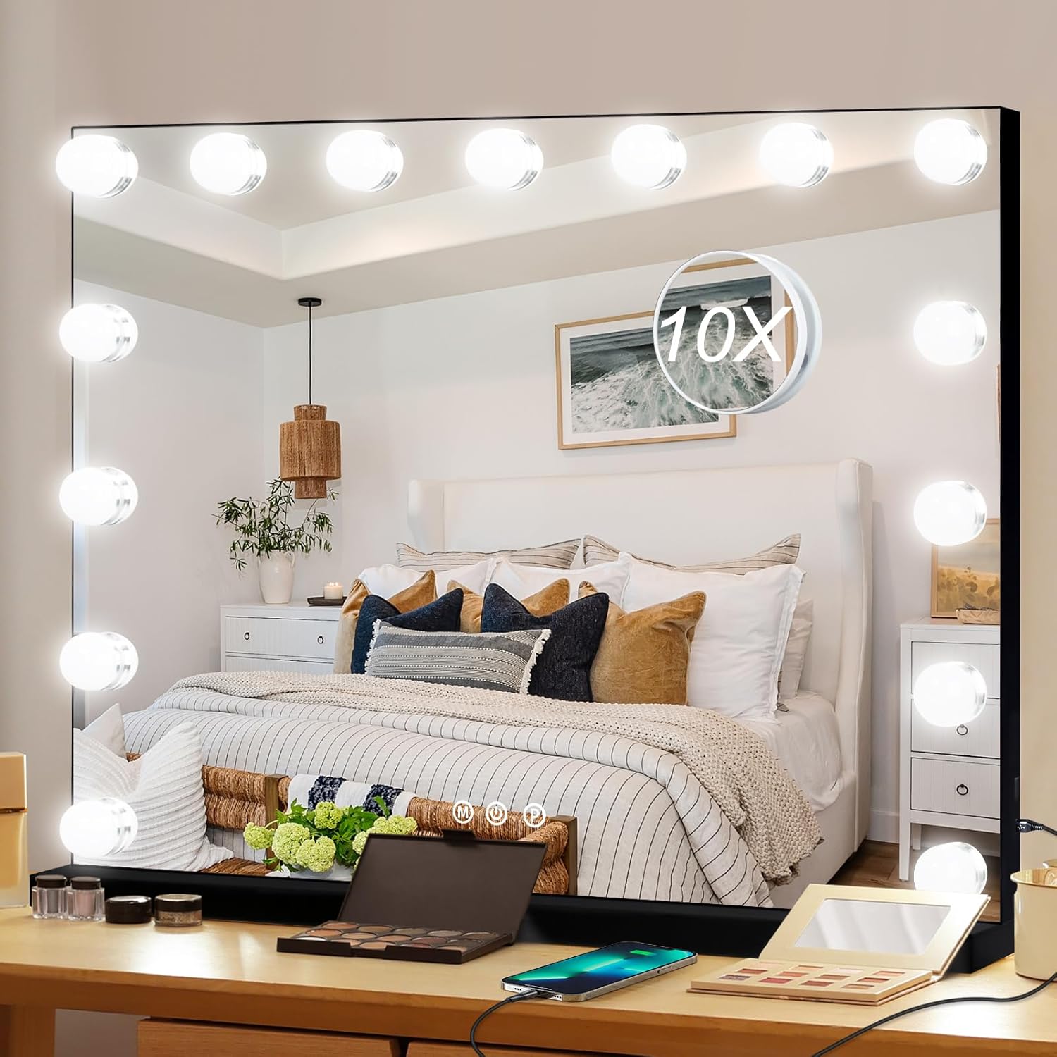 Moonee Black Vanity Mirror with Lights, Hollywood Lighted Makeup Mirror with 15 Dimmable Bulbs and 10X Magnification, 3 Colors Modes, Aluminum Metal Frame, Light Up Mirror for Tabletop/Wall?23" x 18"? Black 23"L x 18"W