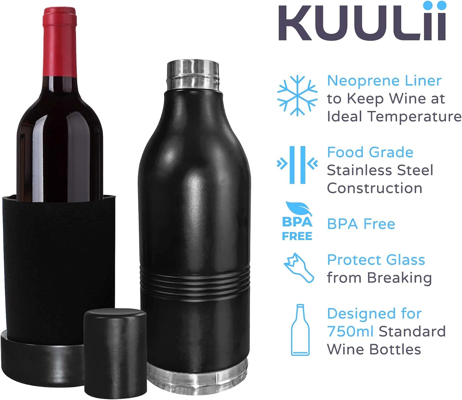 CUULii Insulated Wine Tumbler - Double-Wall Stainless Steel Portable Cooler for Red and White Wine, Travel with Neoprene Liner, BPA-Free - Perfect Gift for Wine Lovers, Black (750ml) - Image 2