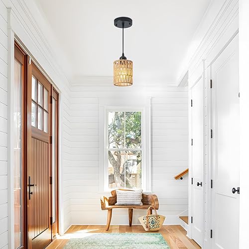 Miniatura 9 de Lámpara colgante de ratán para isla de cocina, lámpara bohemia de granja, lámpara colgante de altura ajustable para comedor, lámparas de techo de