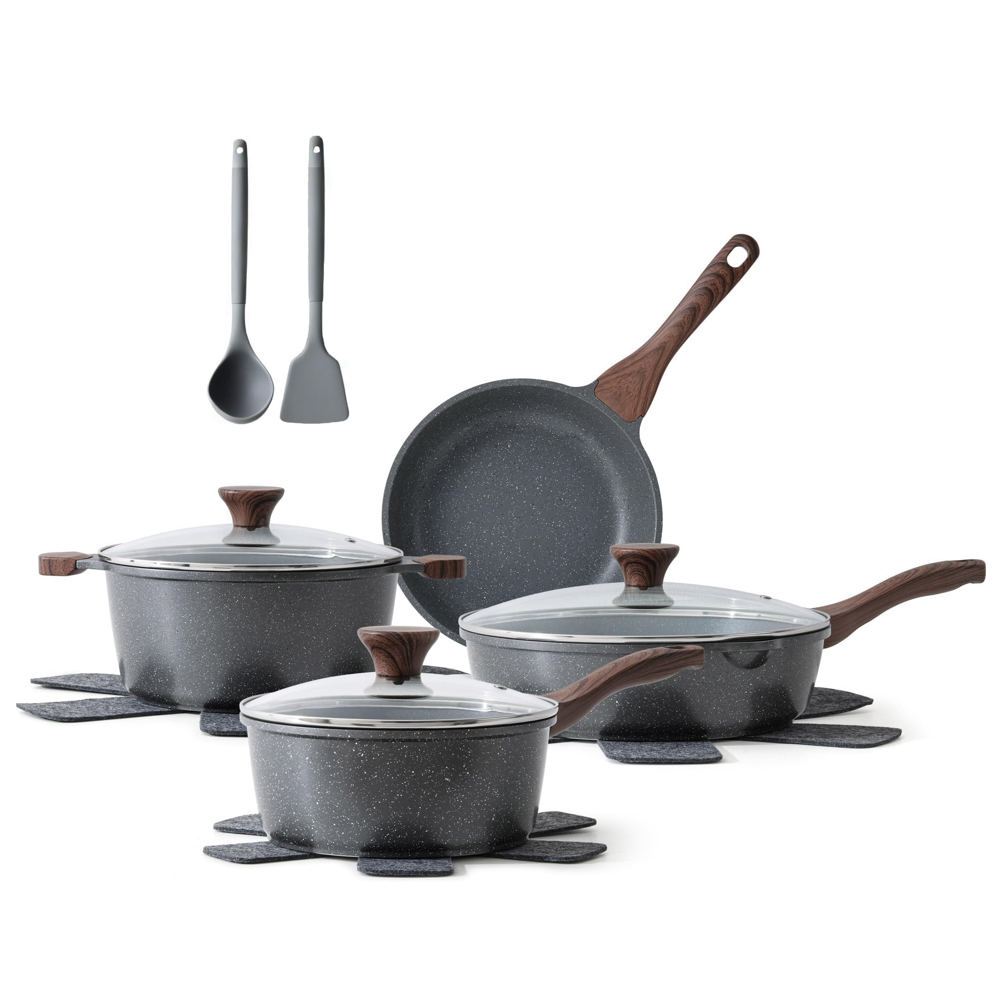SENSARTE Set di Pentole in Granito 13 Pezzi, Padelle Antiaderente con Manici Isolanti, Padella 24/28 cm & Pentola 20/24 cm, Facile da Pulire