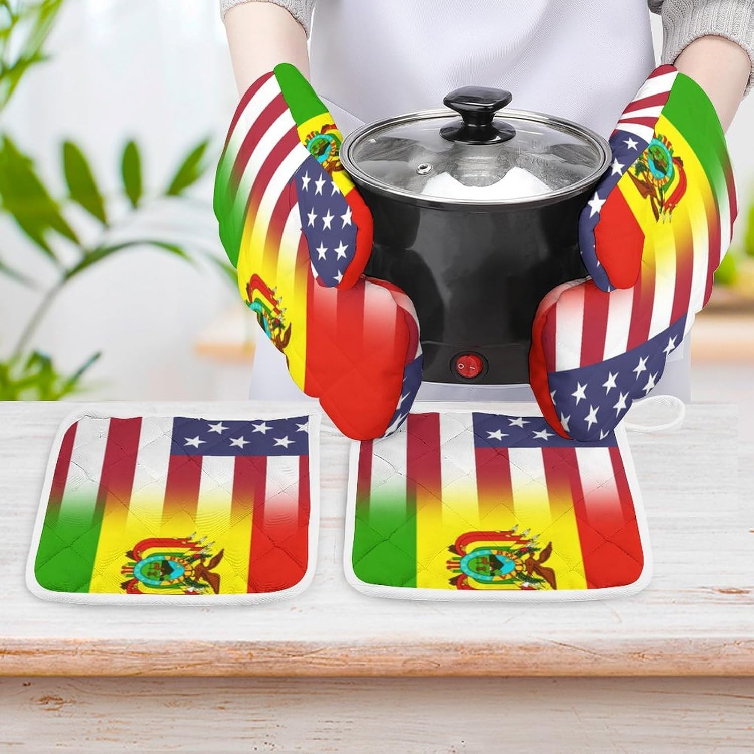 U.S.A Bolivia Flag Oven Mitts and Pot Holders 4Pcs Set Heat Resistant Cooking Mitts Hot Pads