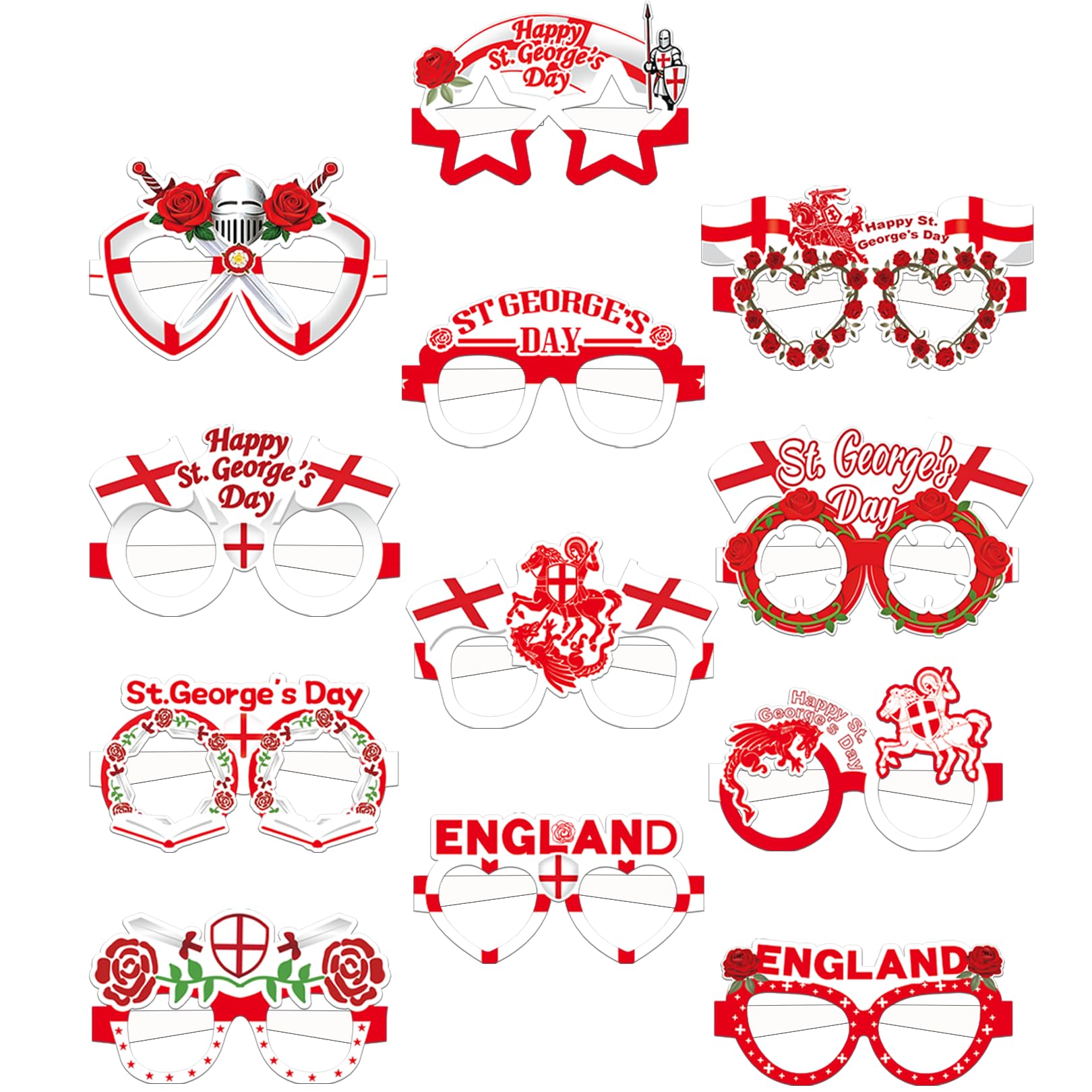 12PCS St Georges Day Glasses, England St George’s Day Party Accessories, Red White Paper Eyeglasses Eye Masks
