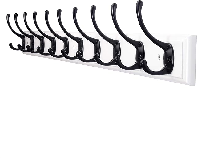 Dseap Coat Rack Wall Mounted - 97cm Long, with 10 Hooks, Heavy Duty Wooden Coat Hook Rail, Wall Coat Hanger for Coats Hat Clothes Towel Purse Robes Mudroom Bathroom Entryway, White