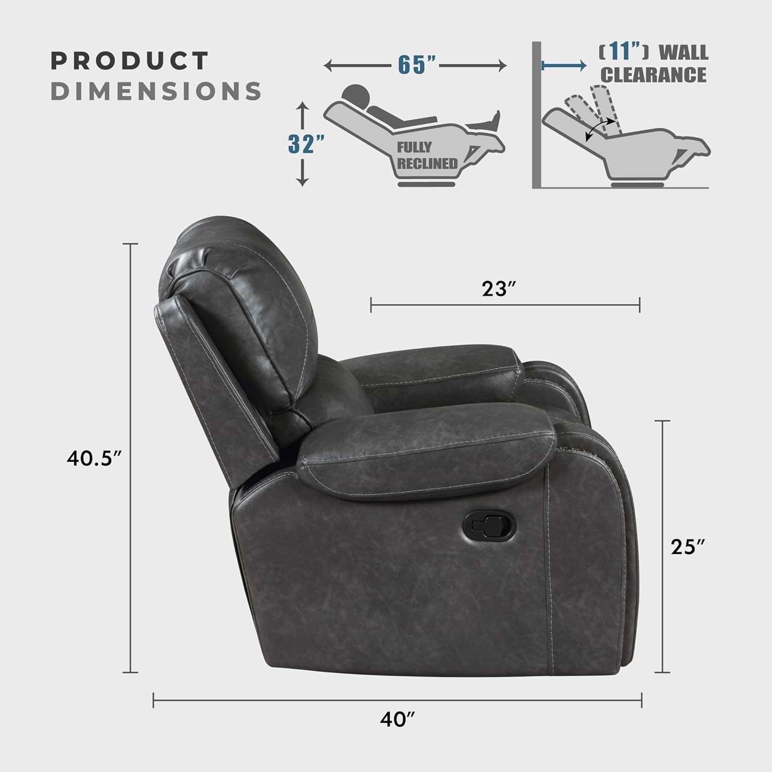 Lexicon Modern Double Recliner Sofa, Faux Leather Reclining Sofa with Nailhead, Center Drop-Down Cup Holders, Receptacles, USB Ports, Manual Recliner Couch Sofa for Living Room/Office/Apartment, Grey